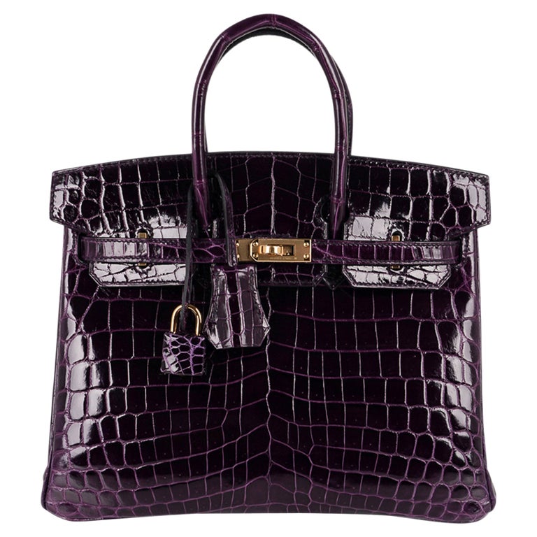 Hermes Birkin 25 Bag Aubergine Crocodile Gold Hardware