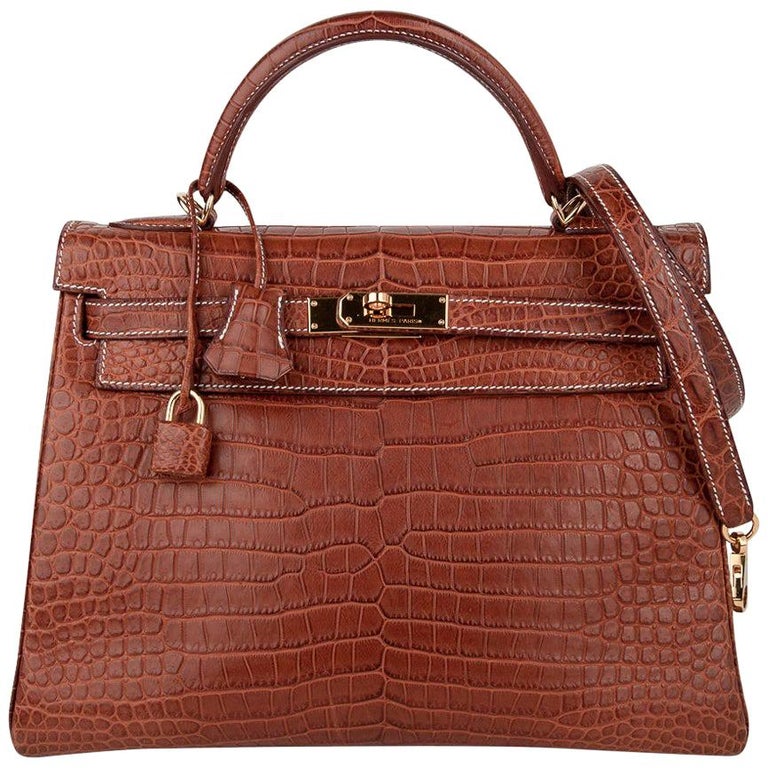Hermes Kelly 32 Bag Matte Fauve Barenia Porosus Crocodile Gold Hardware