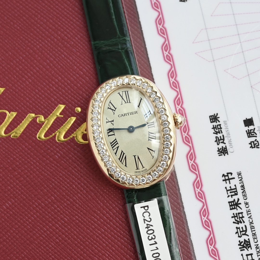 Cartier WJBA0054 Baignoire Series Beige Bathtub Dial Diamond Bezel Quartz Watch with Green Strap Super Clone Watch Brand