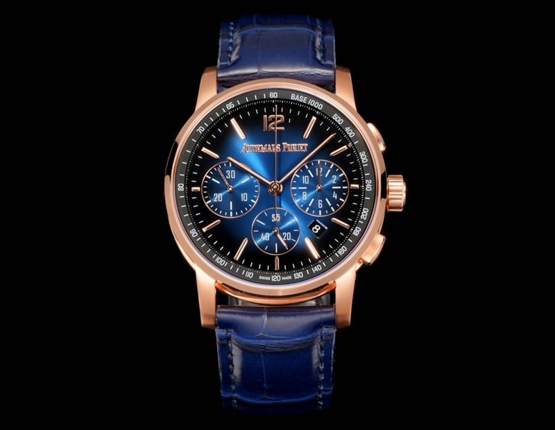 APF Audemars Piguet CODE 11.59 Super Clone Premium Replica Watch, Blue Dial, Rose Gold Bezel, Leather Strap, Model 26393