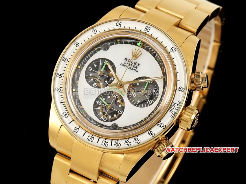 RolexDaytona1:1super clonewhite dial4130yellow goldsteel bracelet front live photo