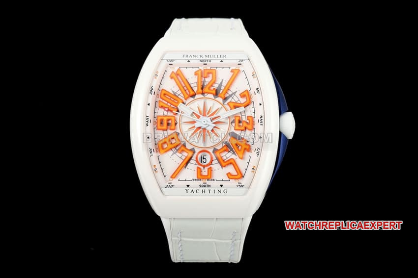 T+plus Factory Franck Muller V45 reloj mecánico naranja con esfera blanca de imitación fina uno a uno, caja de cerámica de 45 mm