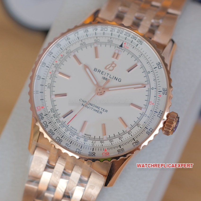 Breitling aviation chronographtop-tier 1:1super clone silver white dialrose goldR17329F41G1R1front live photo