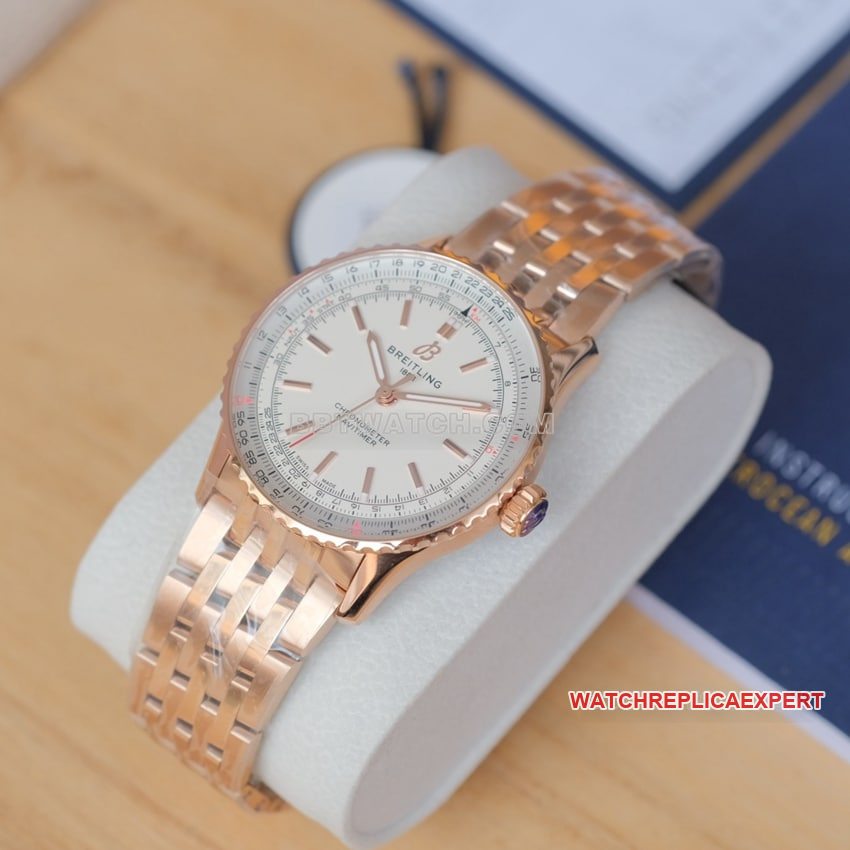 Breitling aviation chronographtop-tier 1:1super clone silver white dialrose goldR17329F41G1R1front live photo