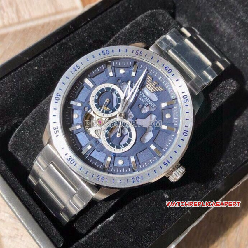 Armani Super Clone Blue Skeletonized See-Through Dial Mechanical Steel Bracelet Model