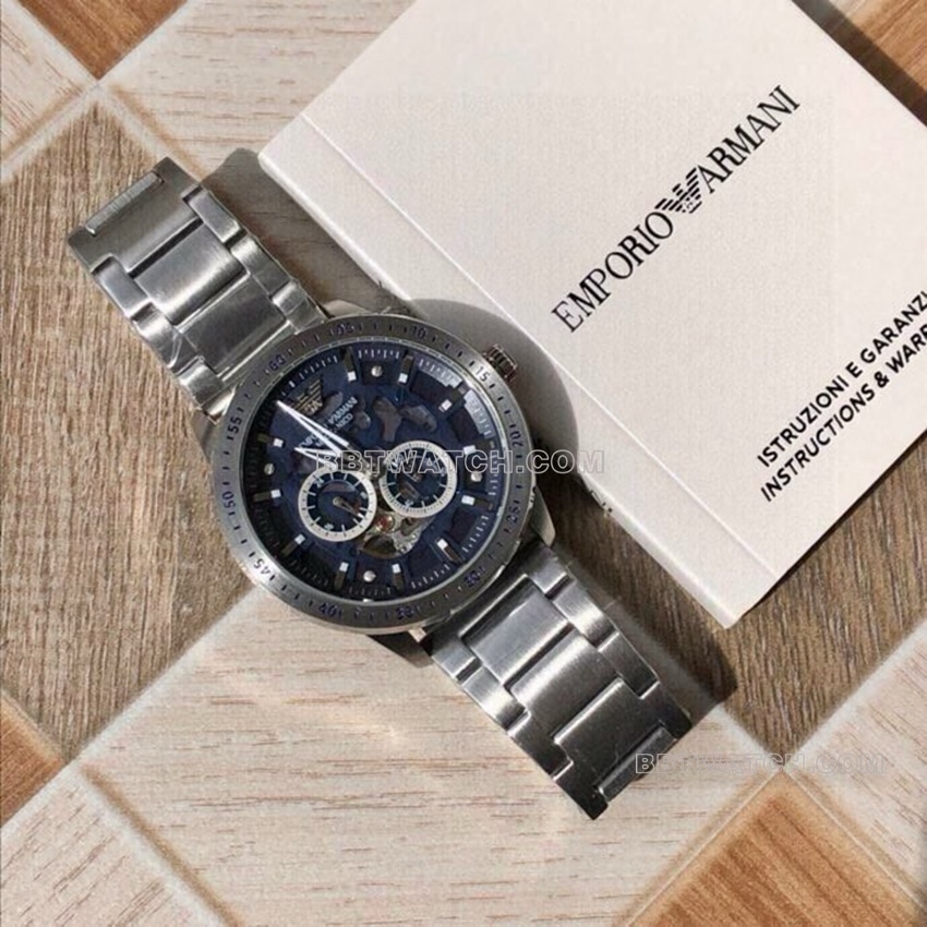 Armani super clone blue hollow plate steel bracelet model front live photo