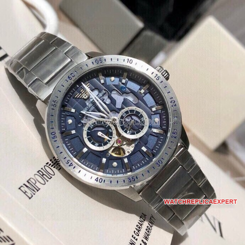 Armani super clone blue hollow plate steel bracelet model front live photo