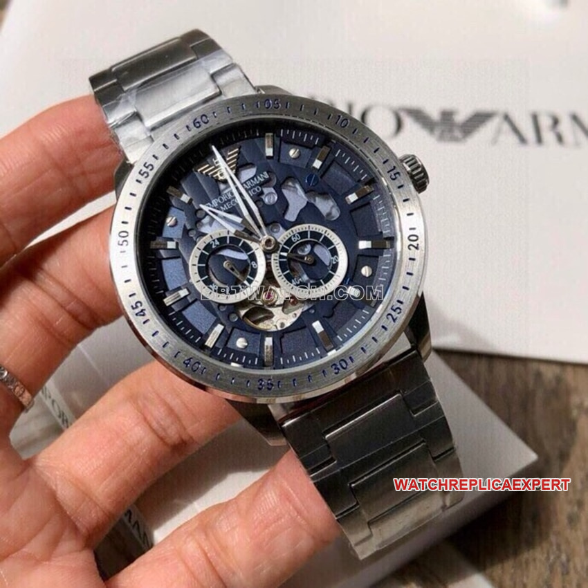 Armani super clone blue hollow plate steel bracelet model front live photo