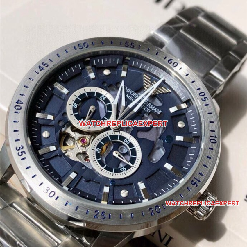 Armani super clone blue hollow plate steel bracelet model front live photo