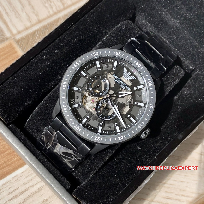 Armani’s Top One-to-One Replica Black Skeletonized Dial Mechanical Steel Bracelet Model