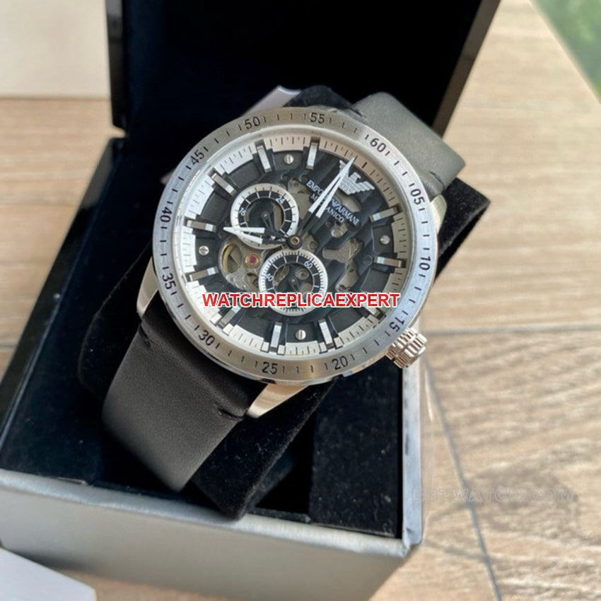 Armani top-grade Original Factory super clone, black skeletonized dial, automatic mechanical leather strap model
