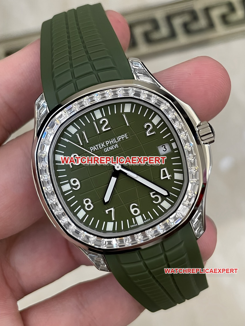 Patek Philippe 5167/300G White Gold Large T-square Full Diamonds Super Clone Grenade Green Dial with Diamonds Replica Watch