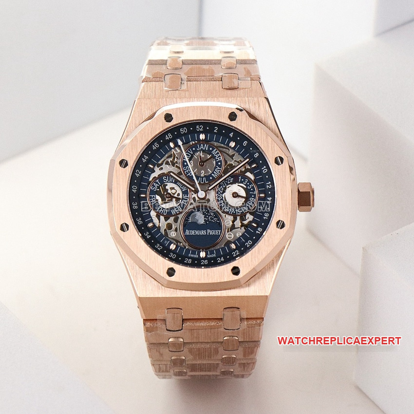 Audemars Piguet Royal Oak 26574ST Top Original Factory mechanische Uhr mit schwarzem Skelett-Zifferblatt und Roségold