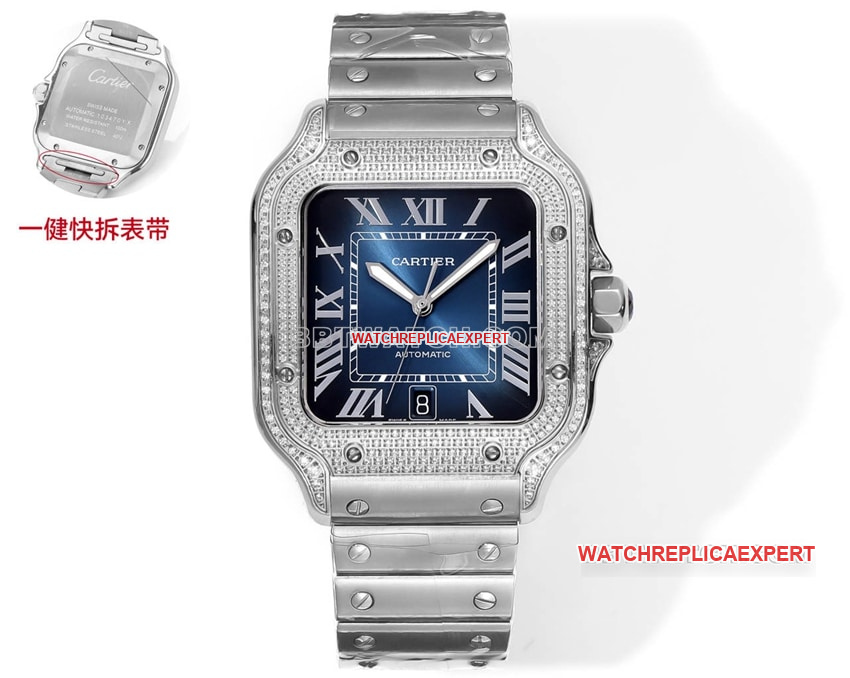 THB Factory Cartier Santos 1:1 Super A super clone Blue and Green Dial Diamond Bezel 9015 Mechanical Steel Strap Quick Release Version