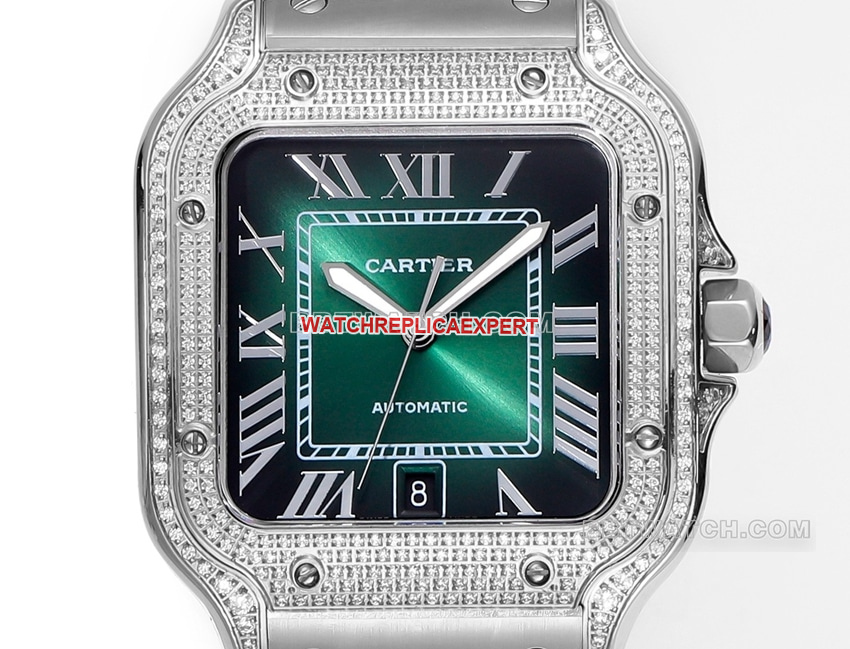 THB factory Cartier Santos Original Factory super clone blue green dialdiamond bezelsteel bracelet model front live photo