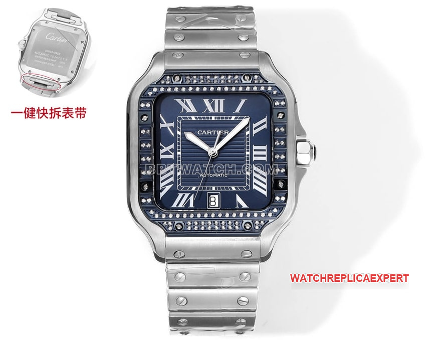 THB Factory Cartier Santos 1:1 Super A Fine Imitation Blue and White Dial Diamond Bezel Mechanical Steel Strap Quick Release Version