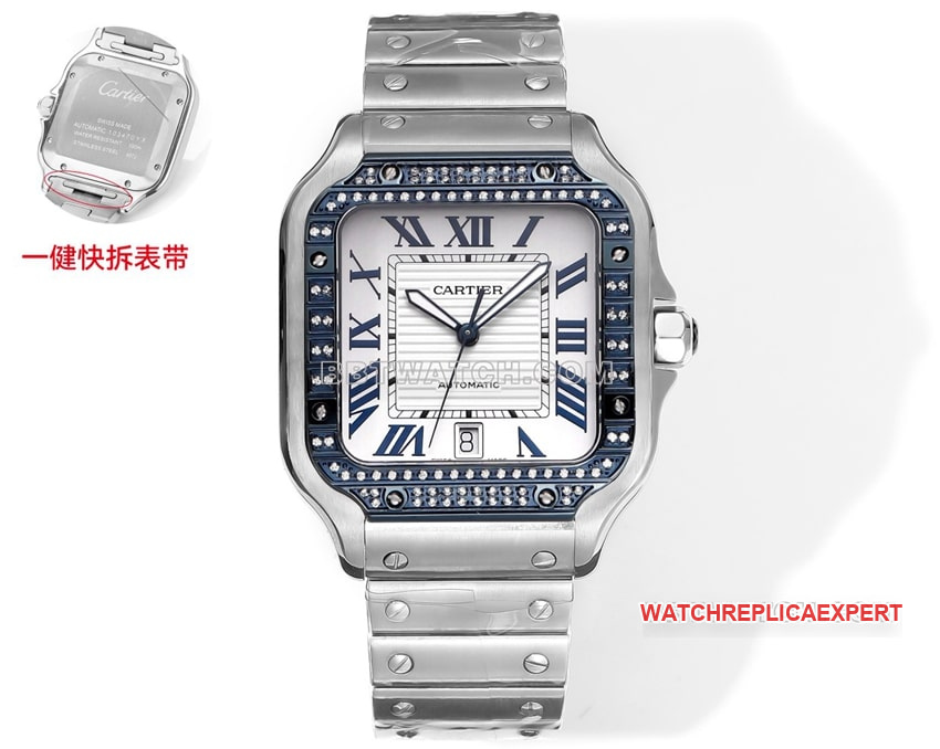 THB Factory Cartier Santos 1:1 Super A Replica Blue and White Dial Diamond Bezel Steel Strap Front Real Shot Photo