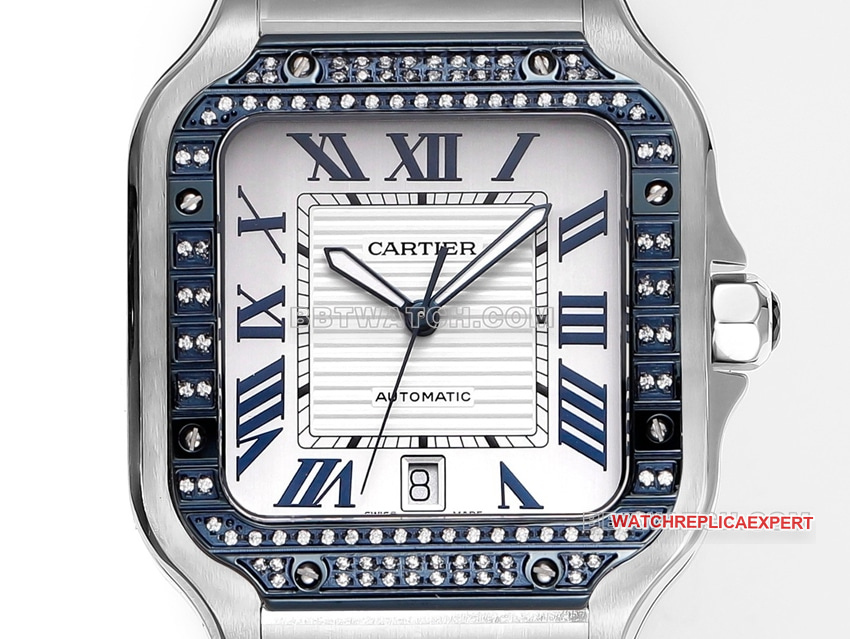 THB Factory Cartier Santos 1:1 Super A Replica Blue and White Dial Diamond Bezel Steel Strap Front Real Shot Photo