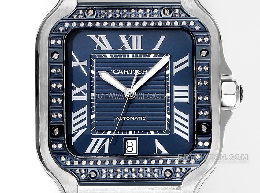 THB Factory Cartier Santos 1:1 Super A Replica Blue and White Dial Diamond Bezel Steel Strap Front Real Shot Photo