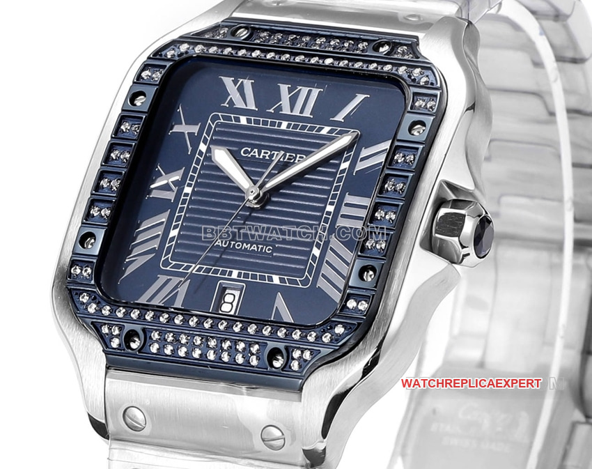 THB Factory Cartier Santos 1:1 Super A Replica Blue and White Dial Diamond Bezel Steel Bracelet Side Real Photo