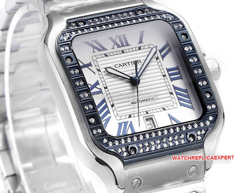 THB Factory Cartier Santos 1:1 Super A Replica Blue and White Dial Diamond Bezel Steel Bracelet Side Real Photo