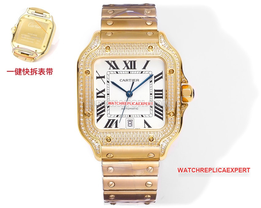 THB Factory Cartier Cartier Santos Super A super clone White Dial Gold Diamond Bezel 9015 Mechanical Steel Strap