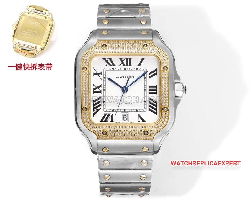 THB factory Cartier Santos super clonewhite dialyellow golddiamond bezelsteel bracelet front live photo