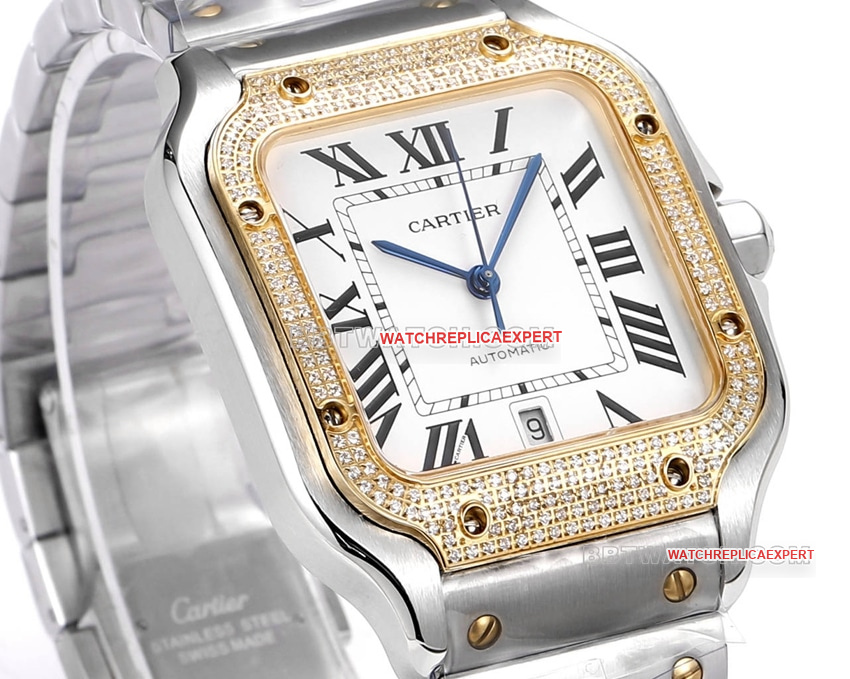 THB factory Cartier Santos super clonewhite dialyellow golddiamond bezelsteel bracelet side live photo
