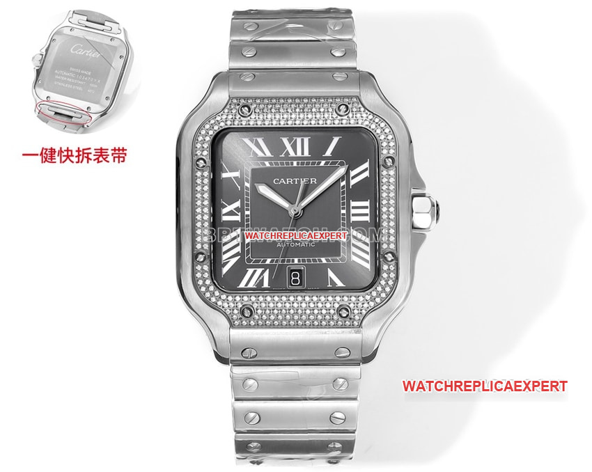 Cartier THB Factory Santos 1:1 Top Replica Gray and White Disc Diamond Ring Mechanical Steel Strap Model