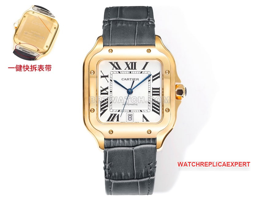 THB Factory Cartier Santos Series Top 1:1 Replica White Plate Gold Mechanical Leather Strap Watch Cartier