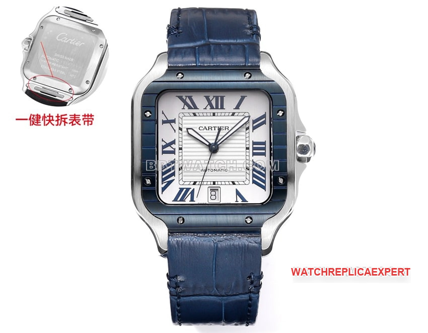 THB Factory Cartier Santos Super Clone Blue and White Dial Mechanical Leather Strap Replica Watch