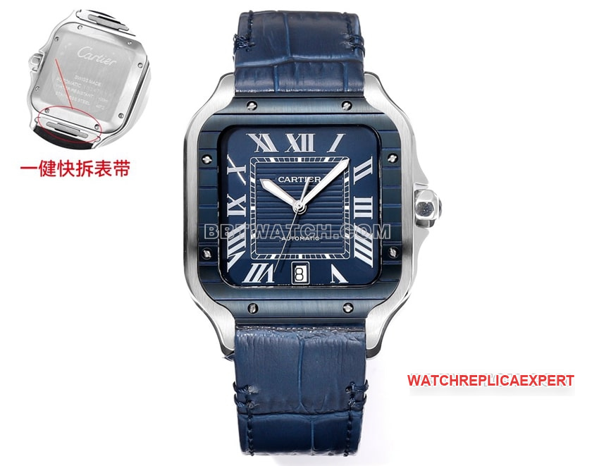 THB factory Cartier Santos top-tier replica blue white dialleather strap model front live photo