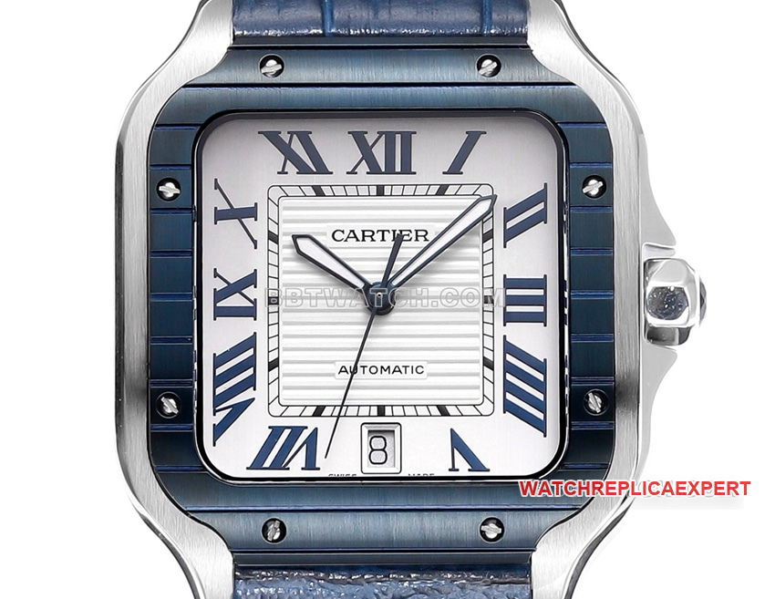 THB factory Cartier Santos top-tier replica blue white dialleather strap model front live photo