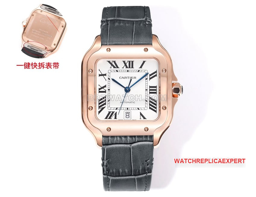 THB Factory Cartier Santos 1:1 Super A Super Clone White Dial Rose Gold Mechanical Leather Strap Watch 9015 Movement