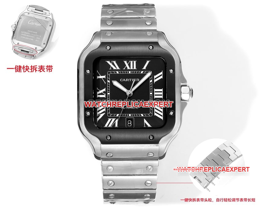 Cartier THB Factory Cartier Santos 1:1 Super A Fine Imitation Black and Gray Dial 316L Stainless Steel Watch with Quick Release Strap