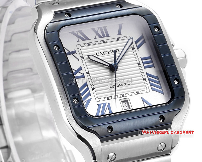 THB Factory Cartier Santos Top Original Factory CollectBlue and White Dial Steel Band Side Real Shot Images