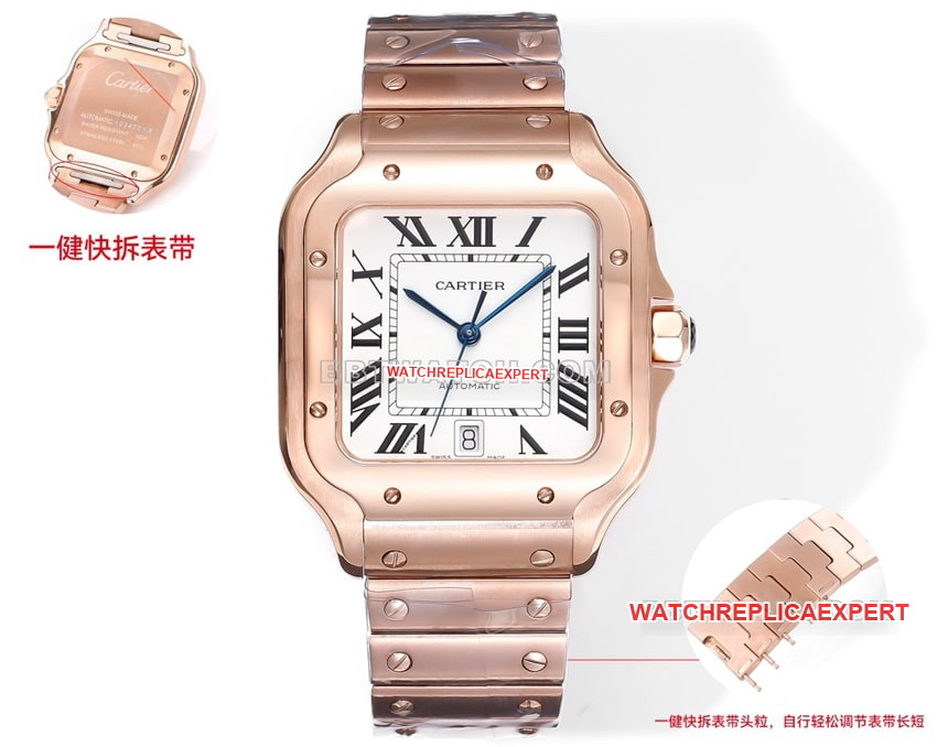 Cartier THB Factory Cartier Santos 1:1 Super Clone White Dial Rose Gold Mechanical Steel Strap Quick Release Version