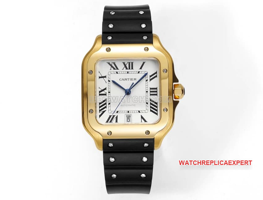 Cartier THB Factory Cartier Santos 1:1 Super A Fine Imitation White Dial Gold Mechanical Rubber Strap, 316L Open Mold Replica
