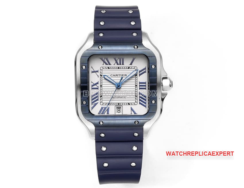Cartier THB Santos Top 1:1 Replica with Blue and White Dial, Mechanical Rubber Model, Genuine Open Mold Case