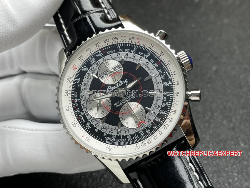 BLS factory Breitling aviation chronograph1:1top-tier replicablack dial perpetual calendar leather strap model front live photo