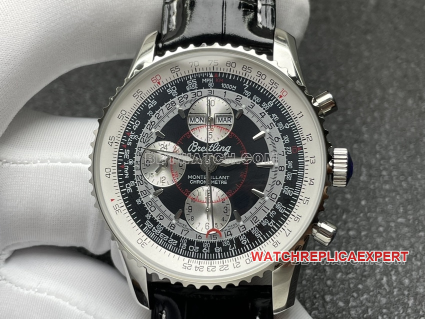 BLS factory Breitling aviation chronograph1:1top-tier replicablack dial perpetual calendar leather strap model front live photo