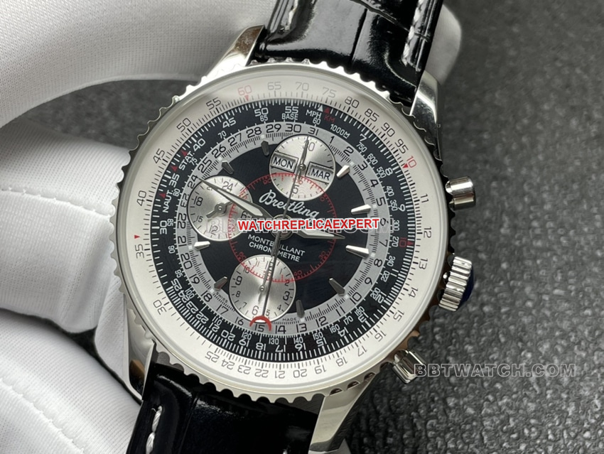 BLS factory Breitling aviation chronograph1:1top-tier replicablack dial perpetual calendar leather strap model front live photo