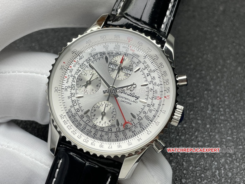 BLS factory Breitling aviation chronographtop-tier 1:1high-quality replicasilver dial perpetual calendar leather strap model front live photo