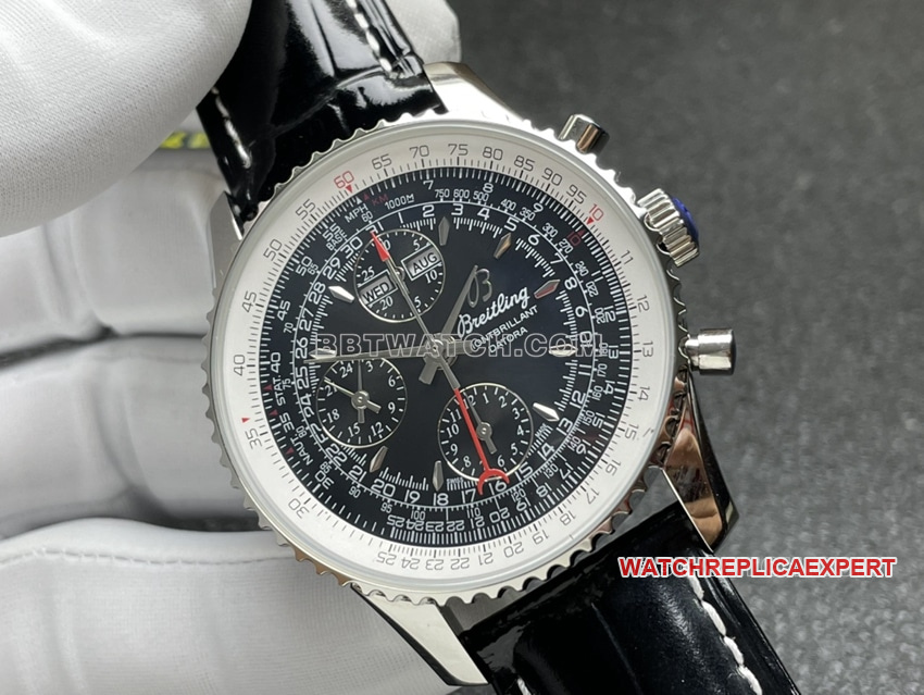 BLS factory Breitling aviation chronographtop-tier 1:1super cloneblack dial perpetual calendar leather strap model front live photo