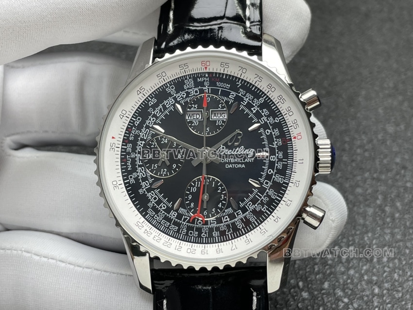 BLS factory Breitling aviation chronographtop-tier 1:1super cloneblack dial perpetual calendar leather strap model front live photo