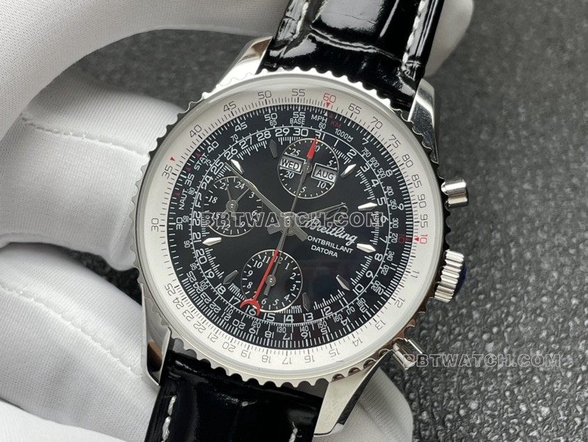BLS factory Breitling aviation chronographtop-tier 1:1super cloneblack dial perpetual calendar leather strap model front live photo