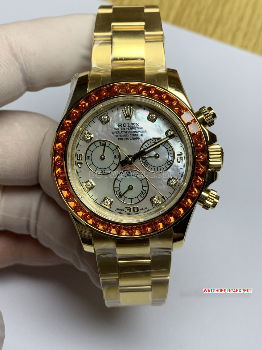 Rolex Daytona Reloj Super Clone 1:1 con esfera de nácar blanco, bisel de diamantes, correa mecánica de acero en oro amarillo de 18 quilates