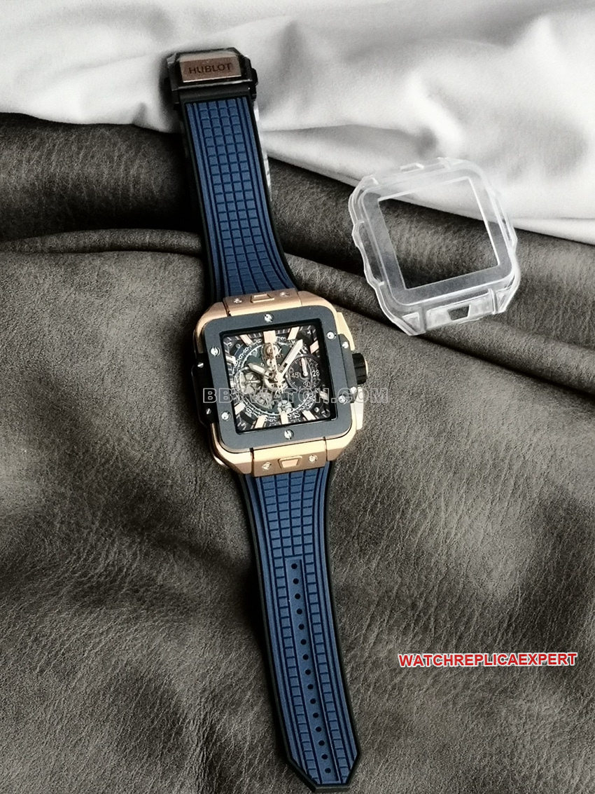 Hublot BBF Factory Top-Quality 1:1 Replica SQUARE BANG UNICO Blue Ceramic Bezel Skeleton Dial 18K King Gold Mechanical Watch 821.OL.5180.RX