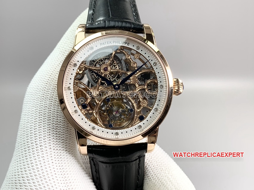 Patek Philippe Patek Philippe PPL Patek Philippe 1:1 Super A Super Clone Rose Gold Skeleton Dial Tourbillon Mechanical Belt Model