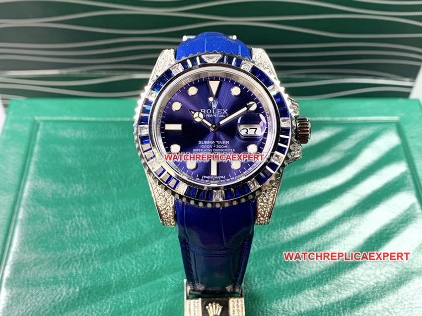 Rolex Submariner réplique 1:1 de haute qualité cadran bleu lunette diamant bracelet en cuir mécanique